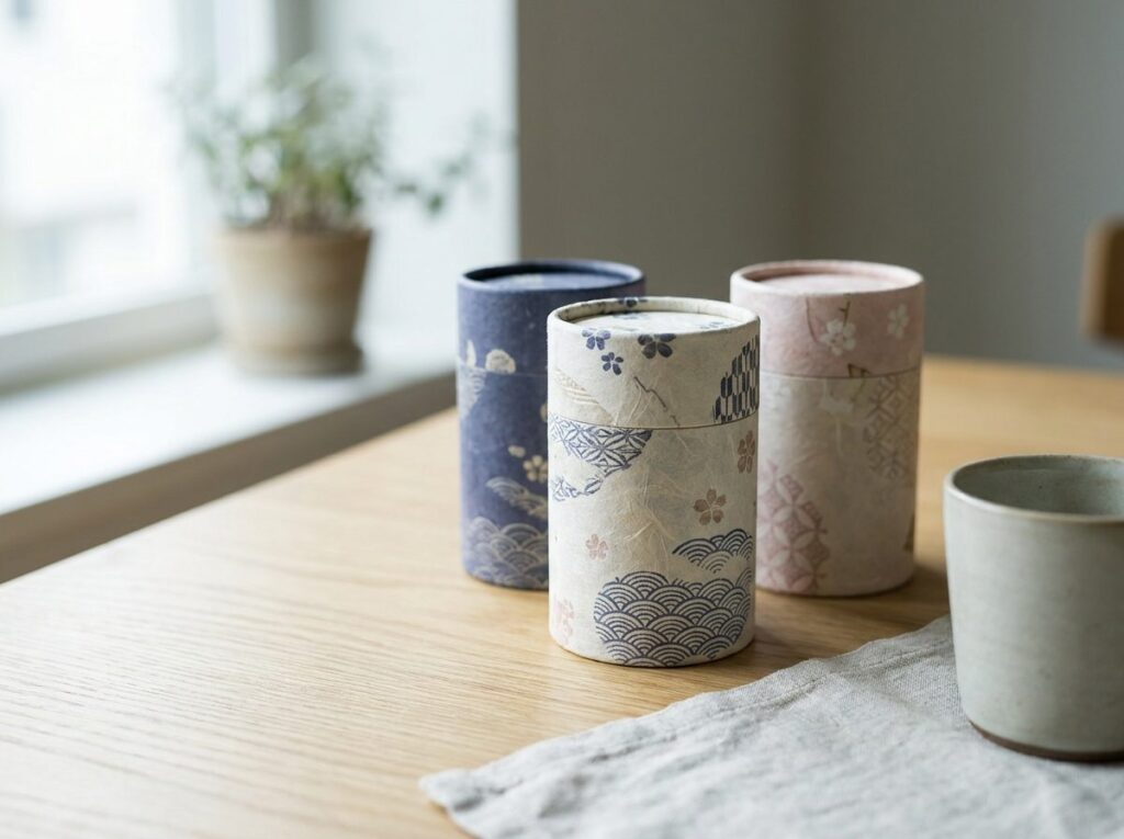 Boîtes à thé cylindriques recouvertes de papier washi japonais à motifs, posées sur une table