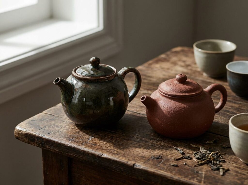 Gros plan sur une petite théière en grès émaillé et une théière en argile mate non émaillée posées sur une table en bois