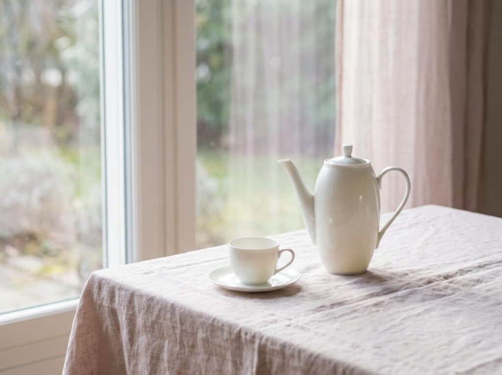 Théière en porcelaine blanche et tasse assortie à contre-jour, laissant deviner la finesse de la matière