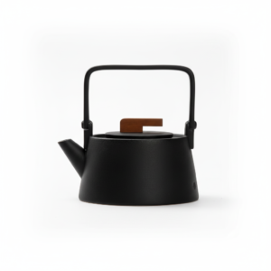 Théière en Céramique Bouilloire Scandinave 800ml noire avec anse et couvercle en bois, design épuré.