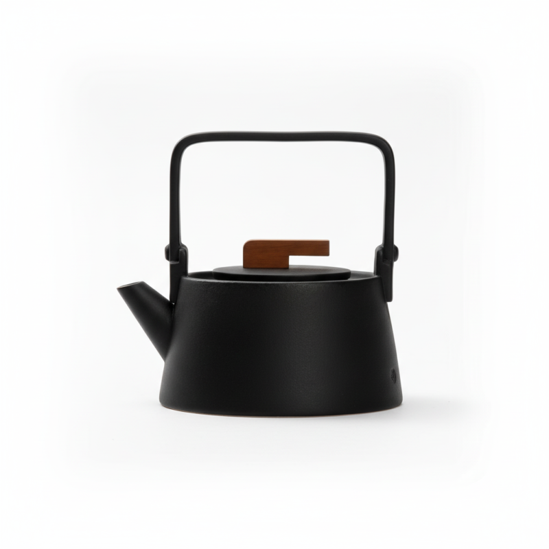 Théière en Céramique Bouilloire Scandinave 800ml noire avec anse et couvercle en bois, design épuré.