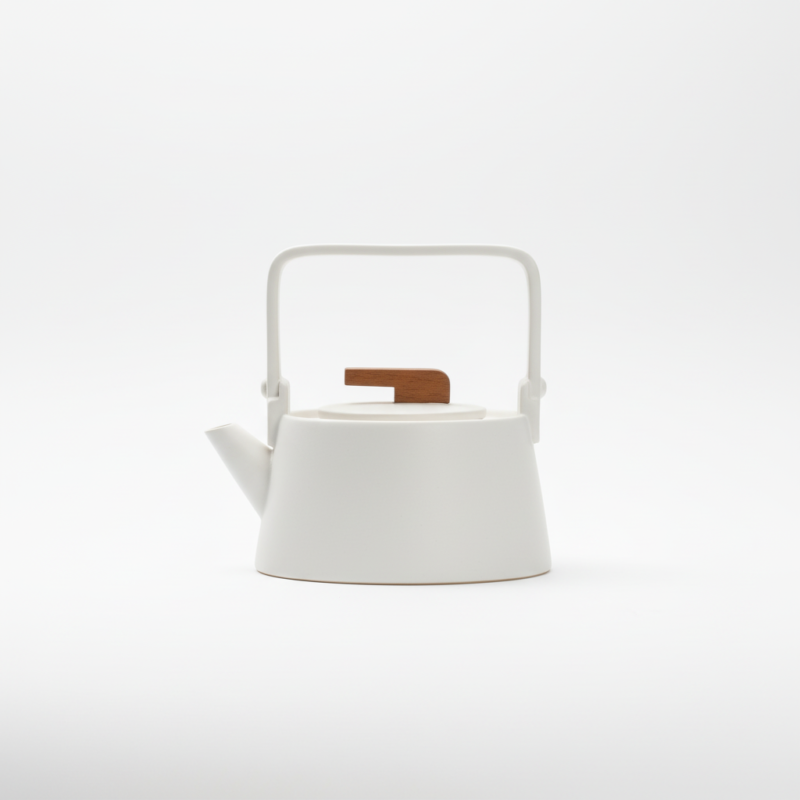 Théière en Céramique Bouilloire Scandinave 800ml blanche avec anse et bouton en bois clair, design épuré.