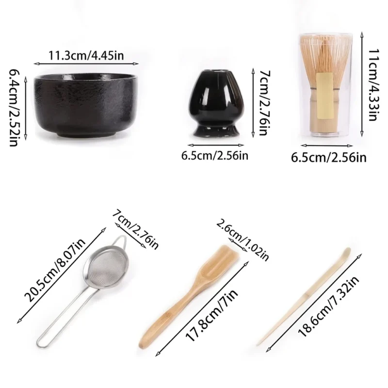 85ae105d-afd6-409c-9d58-7895e6ff3803.webp Set de six accessoires pour cérémonie de thé matcha avec leurs dimensions indiquées