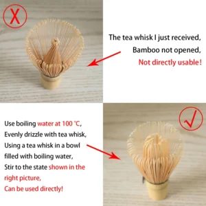 S6a65a8b8ce90403a917d3bec54ff3bdcC.webp Comparaison montrant un fouet à matcha avant et après sa préparation dans l'eau chaude
