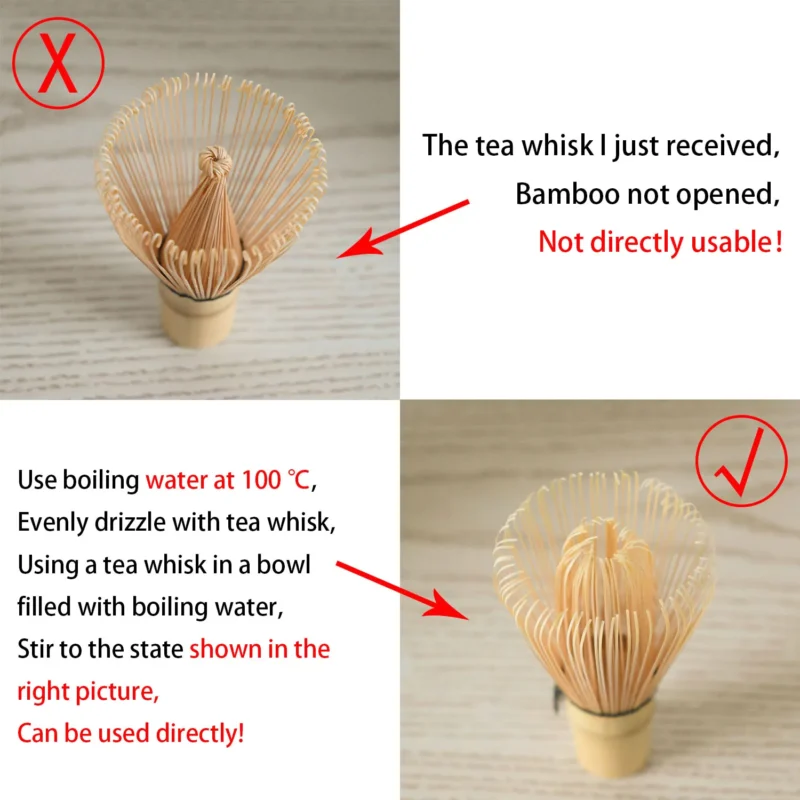 S6a65a8b8ce90403a917d3bec54ff3bdcC.webp Comparaison montrant un fouet à matcha avant et après sa préparation dans l'eau chaude