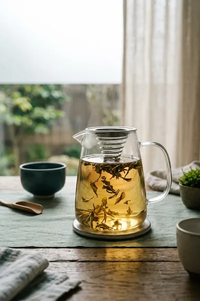 Théière en verre avec feuilles de thé en infusion