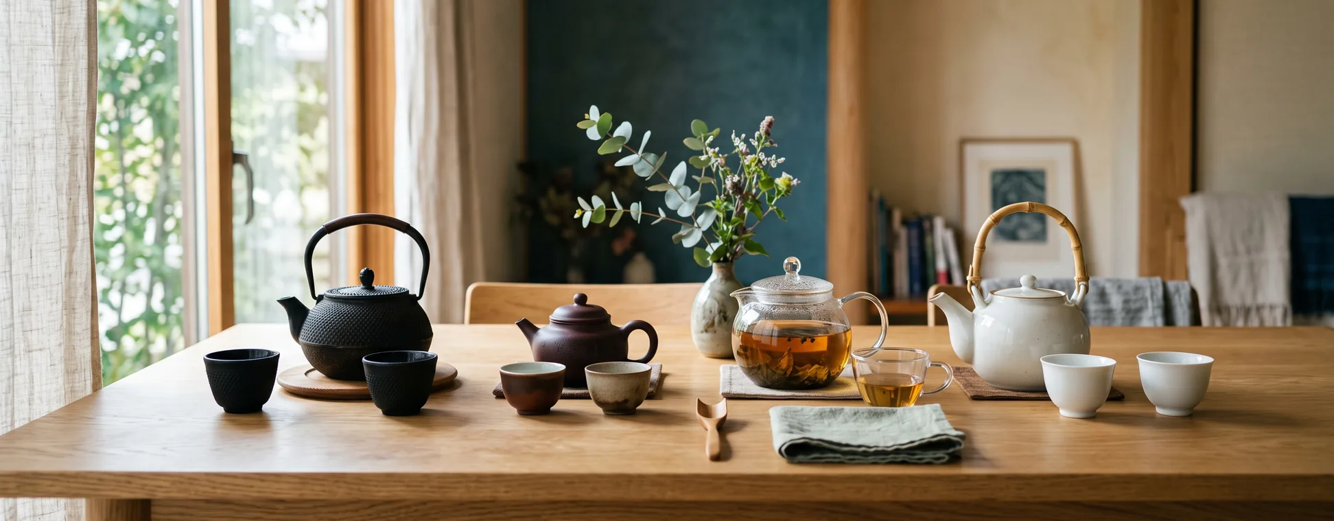 Théières en fonte, en argile de Yixing, en verre et en porcelaine sur une table en bois