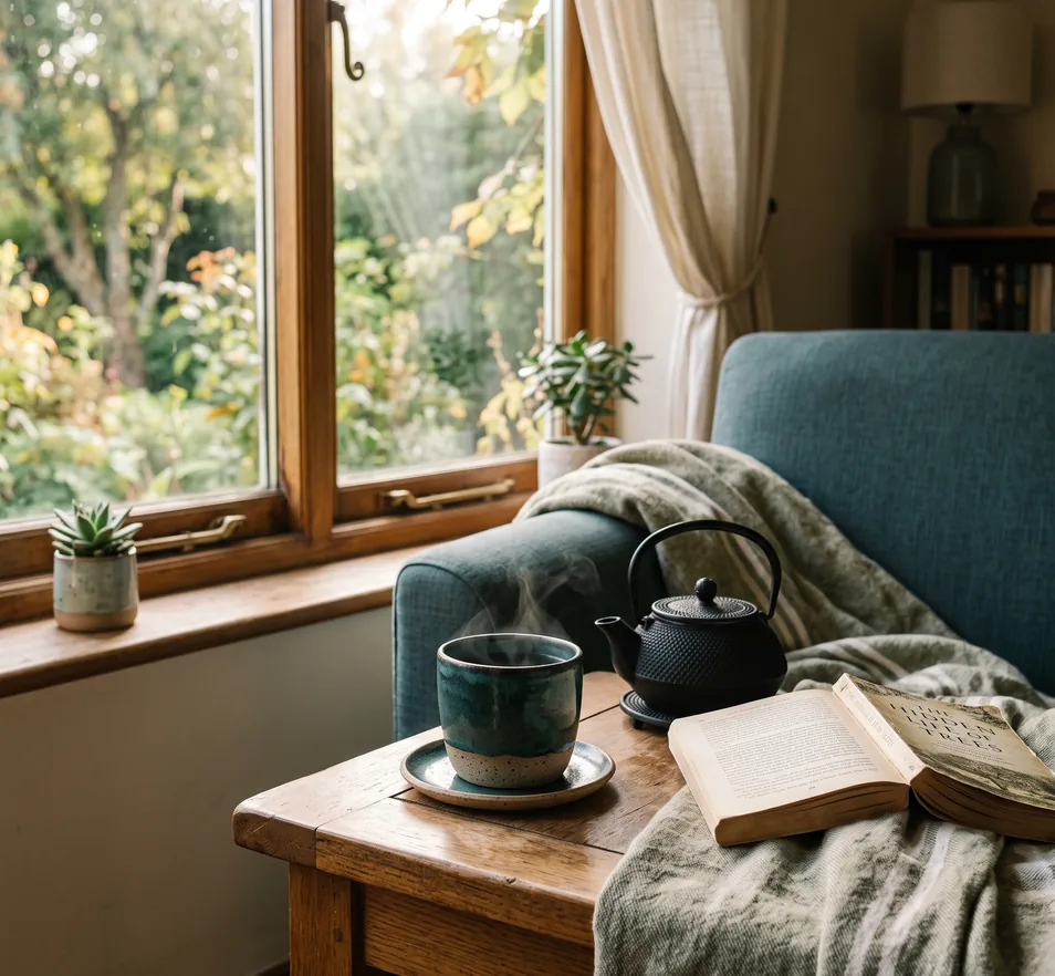 Tasse de thé fumante et théière en fonte près d'une fenêtre