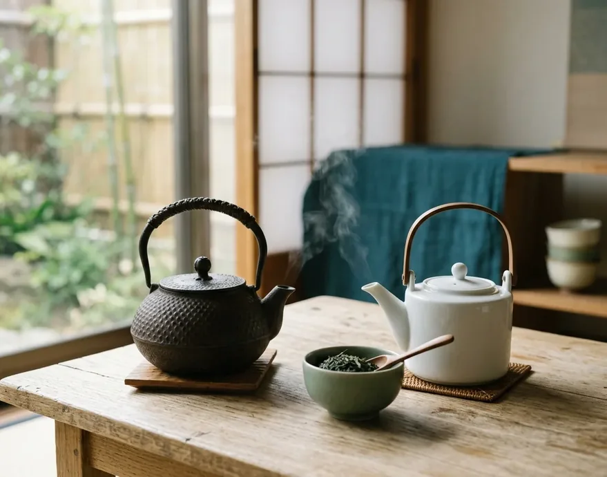 Théière en fonte et théière en porcelaine sur une table en bois