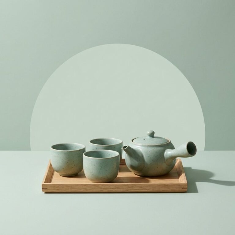 Service à thé japonais : théière kyusu et tasses en céramique céladon