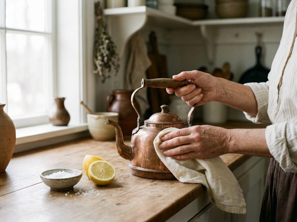 Théière en cuivre frottée avec un chiffon doux à côté d'un demi-citron et d'un bol de sel