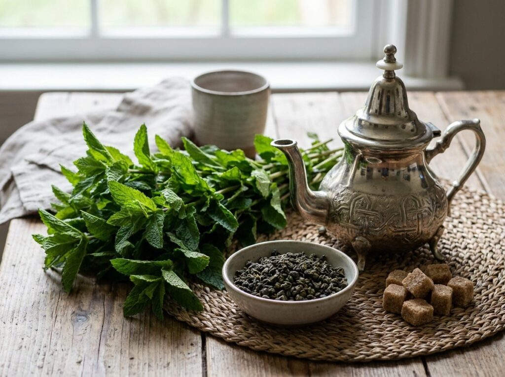 Bouquet de menthe fraîche, thé vert roulé en perles et morceaux de sucre à côté d'une théière marocaine