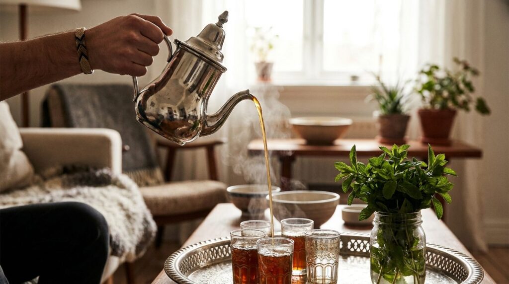 Thé à la menthe versé de haut depuis une théière marocaine en métal dans de petits verres décorés