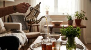 Thé à la menthe versé de haut depuis une théière marocaine en métal dans de petits verres décorés