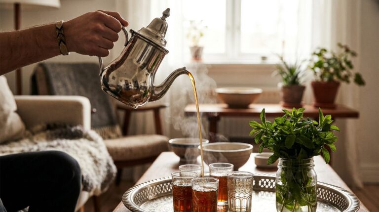 Thé à la menthe versé de haut depuis une théière marocaine en métal dans de petits verres décorés