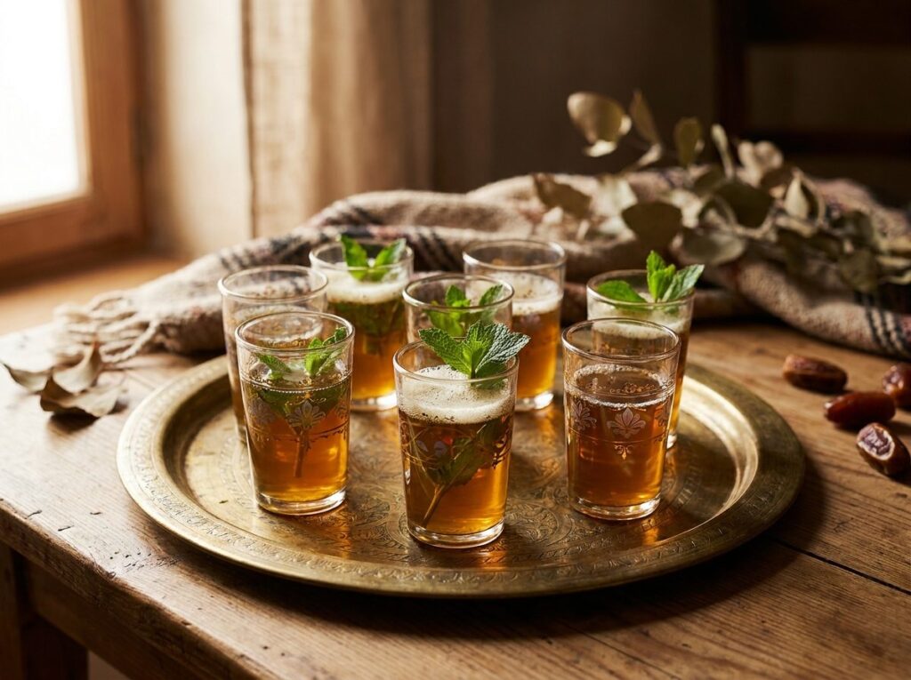 Verres à thé décorés remplis de thé à la menthe sur un plateau en métal ciselé