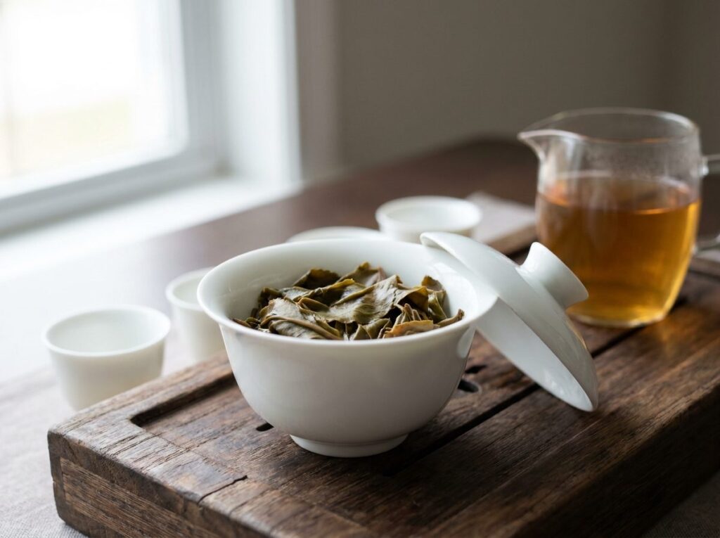 Gaiwan en porcelaine blanche rempli de feuilles d'oolong déployées, posé sur un plateau à thé en bois avec de petites tasses