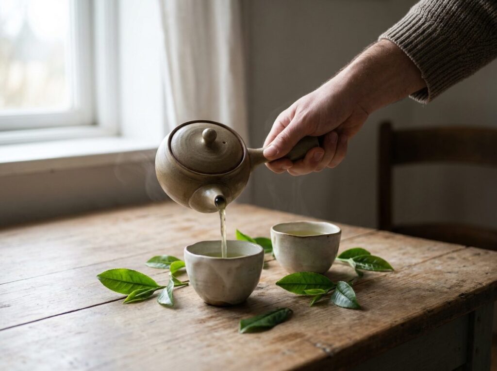 Main versant un thé vert clair depuis une théière japonaise à anse latérale dans une petite tasse en céramique