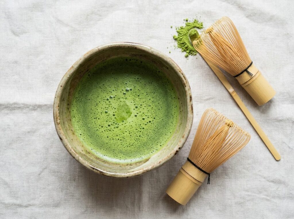 Bol à matcha en céramique avec un thé vert mousseux, fouet en bambou et petite cuillère posés à côté