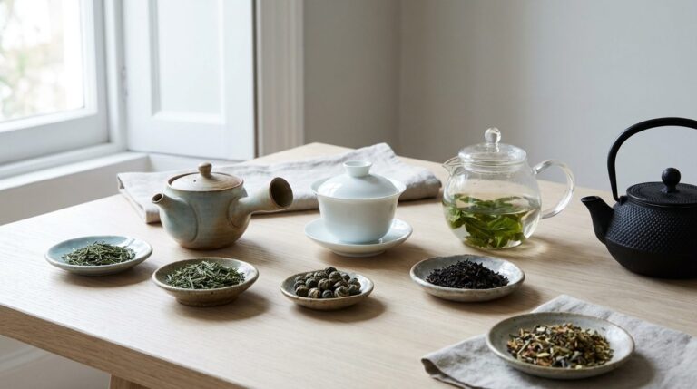 Plusieurs théières, kyusu, gaiwan, théière en verre et théière en fonte, entourées de petites coupelles de feuilles de thé variées